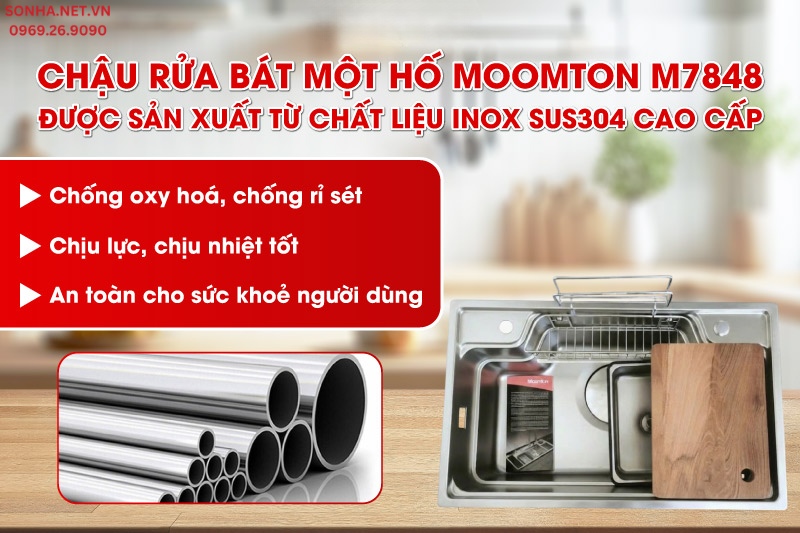 Bồn rửa chén một hộc Moomton M7848 được chế tạo từ inox SUS304