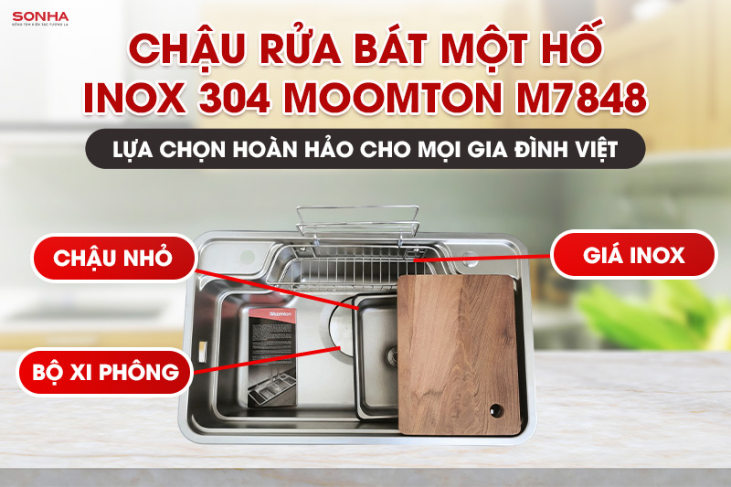 Bồn rửa ch&eacute;n 1 hộc inox Moomton M7848 được trang bị phụ kiện th&ocirc;ng minh