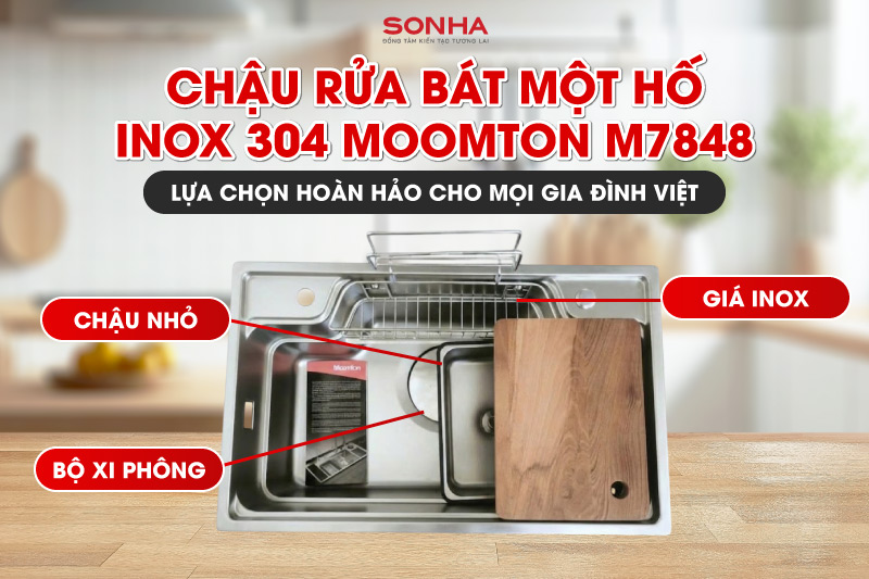 Bồn rửa ch&eacute;n 1 hộc inox Moomton M7848 được trang bị phụ kiện th&ocirc;ng minh