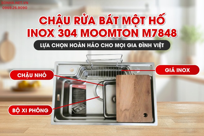 Bồn rửa chén 1 hộc inox Moomton M7848 được trang bị phụ kiện thông minh