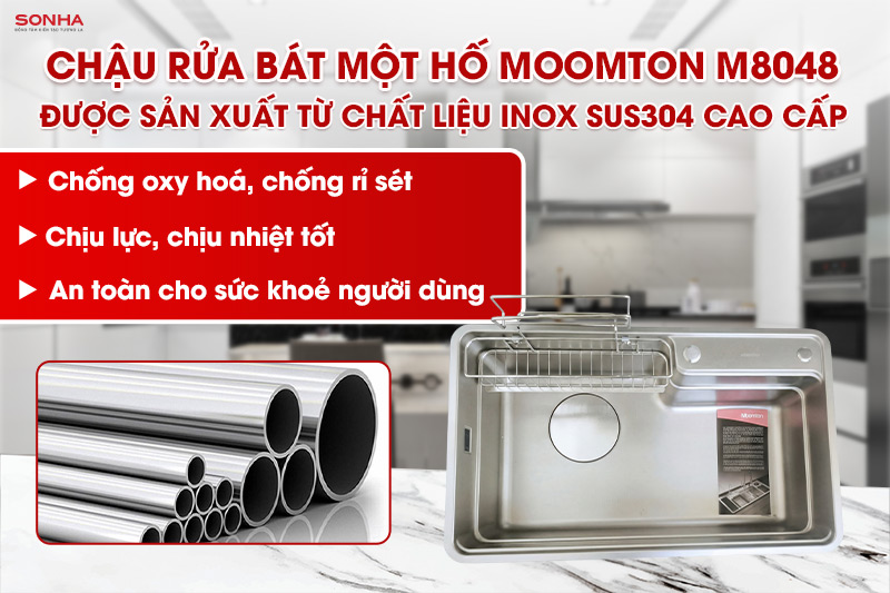 Bồn rửa ch&eacute;n một hộc Moomton M8048 được chế tạo từ inox SUS304