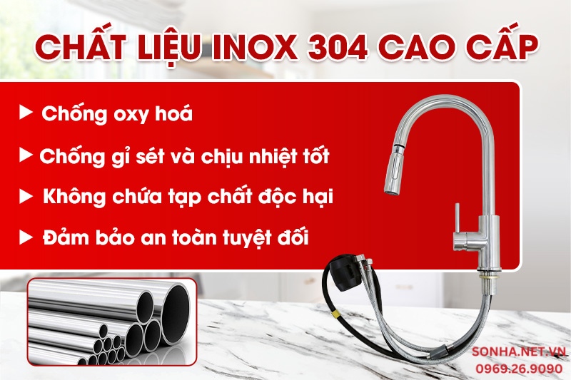 Vòi rửa bát nóng lạnh MT378-1B được làm từ inox 304 cao cấp