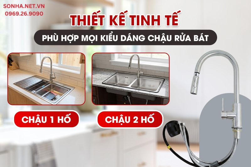 Thiết kế phù hợp với cả chậu 2 hố và chậu 1 hố lớn