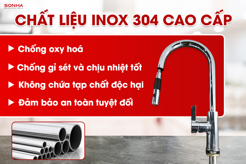 Vòi rửa bát nóng lạnh MT291-2HC được làm từ inox 304 cao cấp