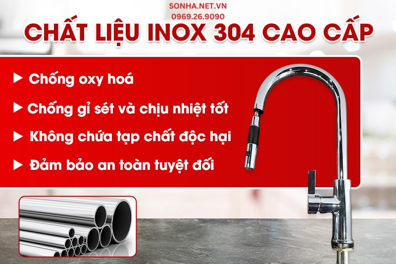 Vòi rửa bát nóng lạnh MT291-2HC được làm từ inox 304 cao cấp