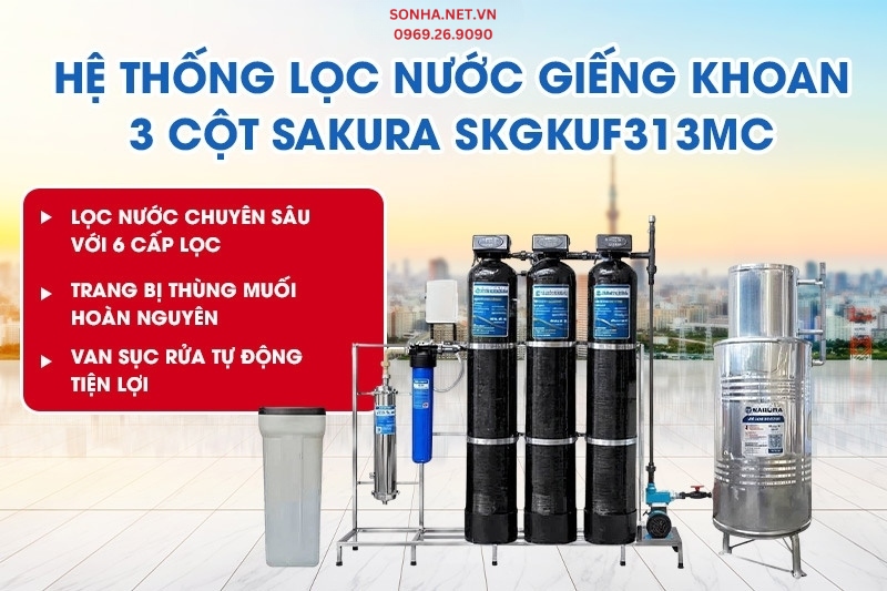 Bộ lọc nước giếng khoan 3 cột c&oacute; m&agrave;ng si&ecirc;u lọc UF Sakura SKGKUF313MC