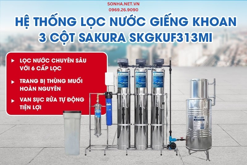Bộ lọc nước giếng khoan 3 cột inox c&oacute; m&agrave;ng si&ecirc;u lọc UF Sakura SKGKUF313MI