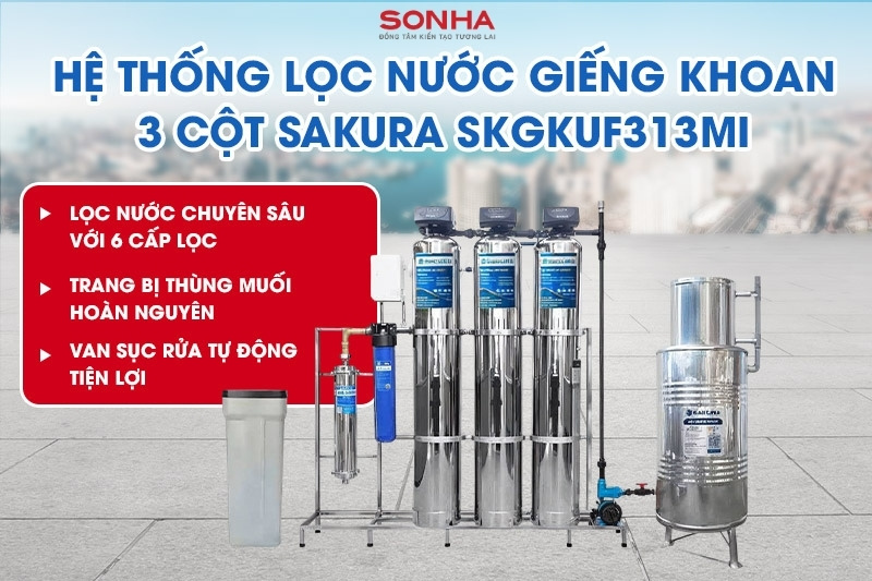 Bộ lọc nước giếng khoan 3 cột inox c&oacute; m&agrave;ng si&ecirc;u lọc UF Sakura SKGKUF313MI