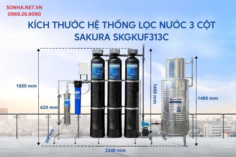 Kích thước hệ thống lọc nước giếng khoan Sakura SKGKUF313C