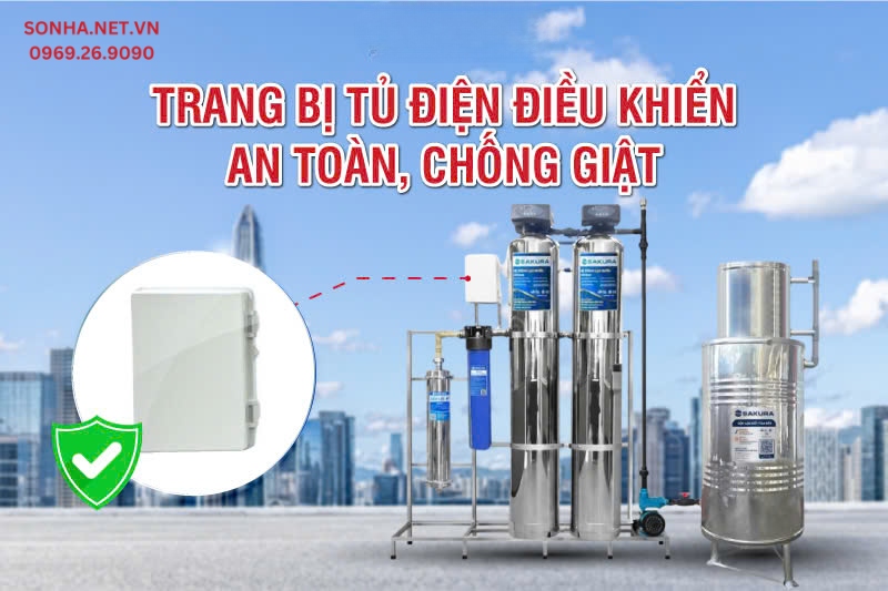 Lọc tổng giếng khoan 2 cột inox Sakura SKGKUF312I được trang bị tủ điện