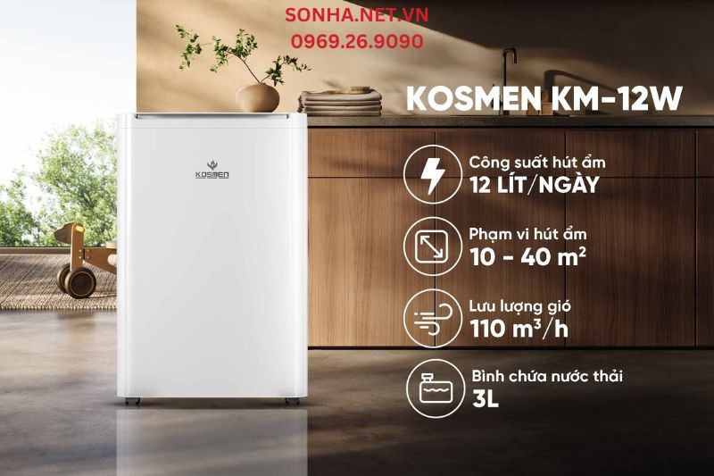 Kosmen KM-12W c&oacute; c&ocirc;ng suất h&uacute;t ẩm đạt 12L/ng&agrave;y