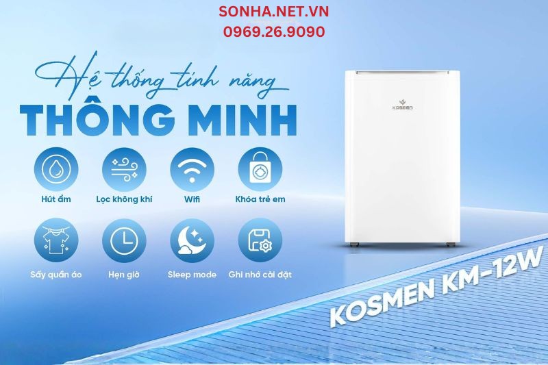 M&aacute;y h&uacute;t ẩm Kosmen KM-12W được t&iacute;ch hợp đa dạng t&iacute;nh năng th&ocirc;ng minh