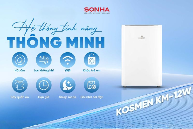 M&aacute;y h&uacute;t ẩm Kosmen KM-12W được t&iacute;ch hợp đa dạng t&iacute;nh năng th&ocirc;ng minh