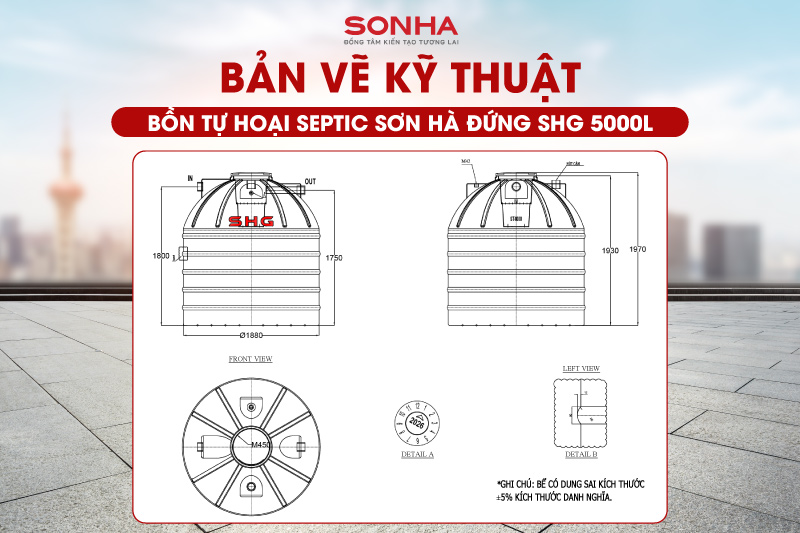 Bản vẽ kỹ thuật bồn tự hoại septic đứng Sơn H&agrave; 5000L
