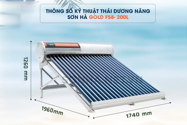 Kích thước thái dương năng Sơn Hà 200L Gold ống chân không