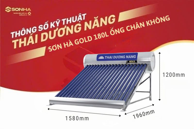 Kích thước thái dương năng 180 lít Gold Sơn Hà