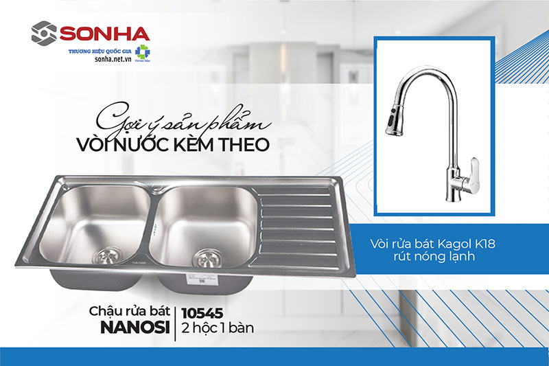 Bộ đôi chậu rửa Nanosi 10545 và vòi Kagol K18