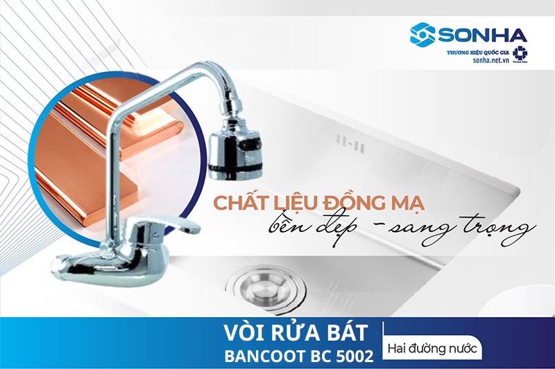 Vòi rửa chén bát gắn tường Bancoot 5002 sản xuất từ đồng mạ crom cao cấp
