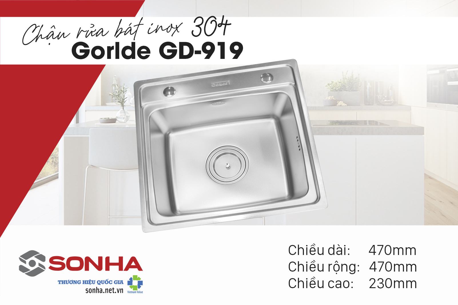 Kích thước chậu rửa bát Gorlde GD-919