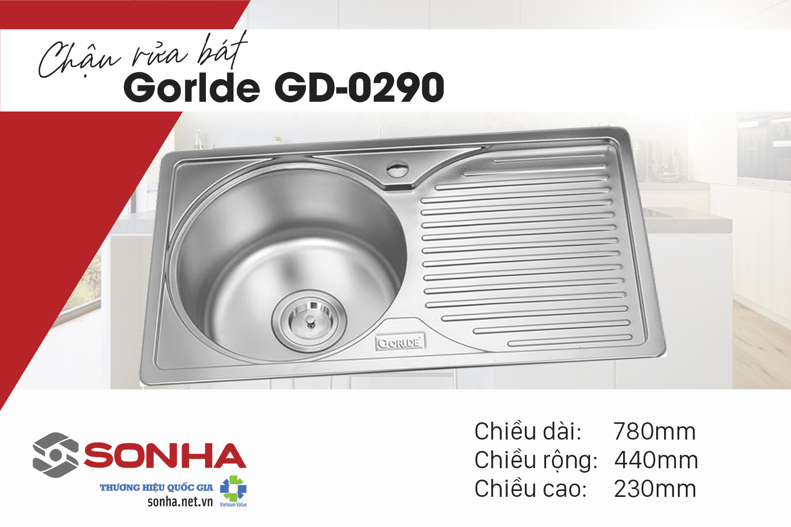 Kích thước chậu rửa bát Gorlde GD-0290