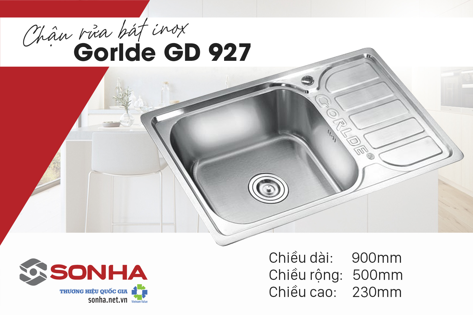 Kích thước chậu rửa bát inox Gorlde GD 927