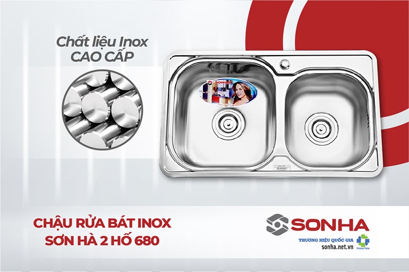 Chậu rửa bát 2 hố Sơn Hà 680 làm từ chất liệu inox 201