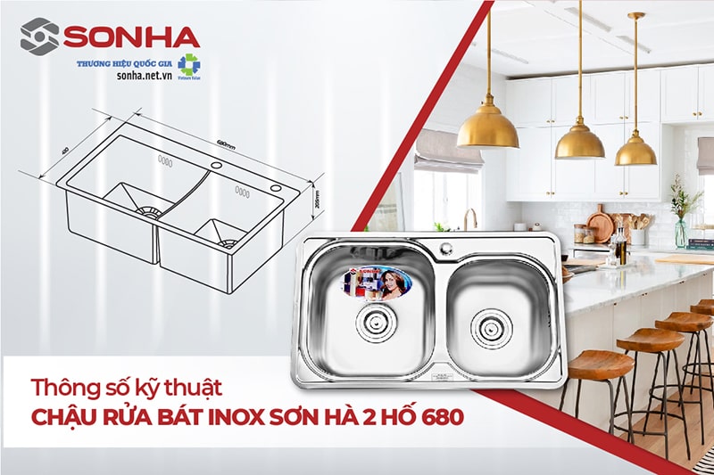 Kích thước chậu rửa chén inox Sơn Hà 680