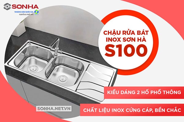 Chậu rửa bát Sơn Hà S100 giá rẻ, kiểu dáng 2 hố phù hợp với nhiều gia đình Việt Nam