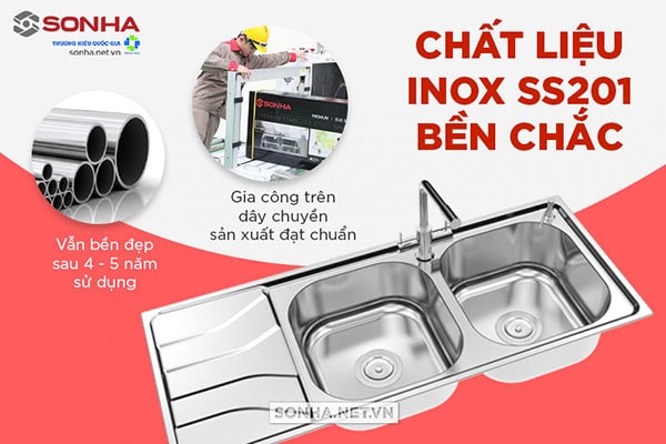 Bồn rửa bát đôi Sơn Hà S100 chất liệu SUS201 sử dụng an toàn, bền lâu thời gian sử dụng