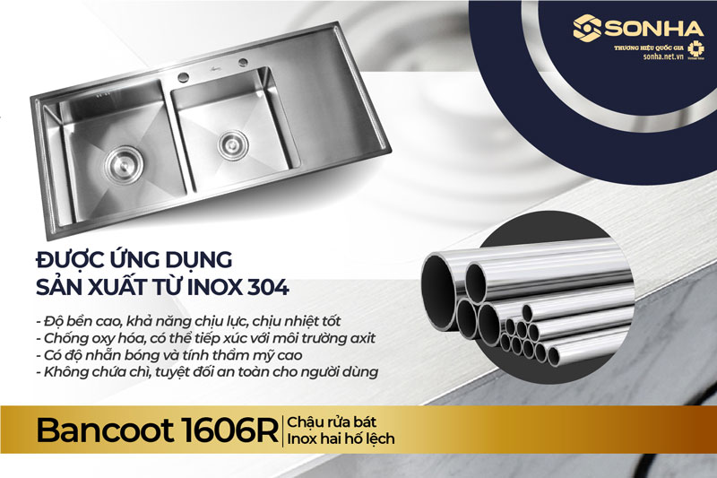 Bồn rửa bát đôi Bancoot 1606R làm từ inox 304