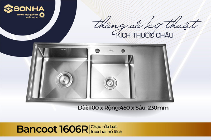 Thông số kỹ thuật chậu rửa bát 2 hố inox 304 Bancoot 1606R