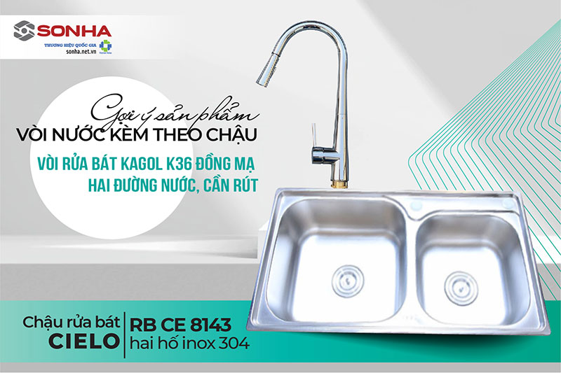 Combo chậu Cielo CE 8143 và vòi rửa bát K36