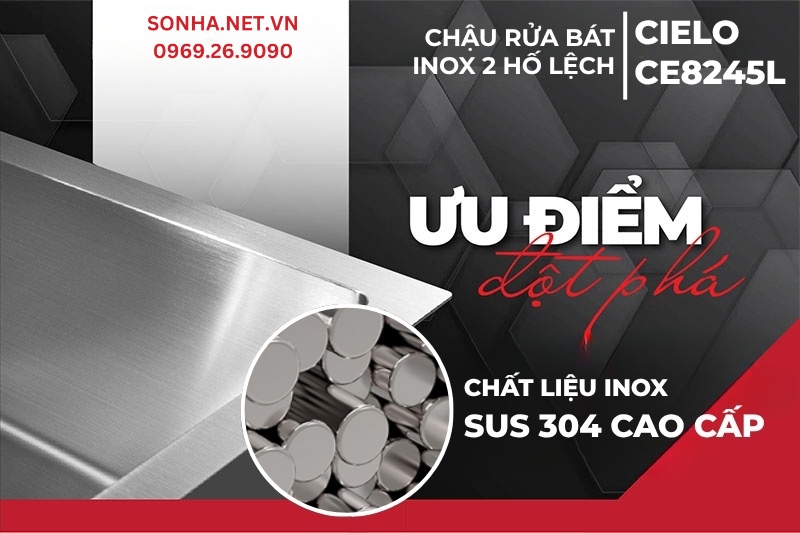 Chậu rửa bát Cielo CE8245L được sản xuất từ inox 304 cao cấp
