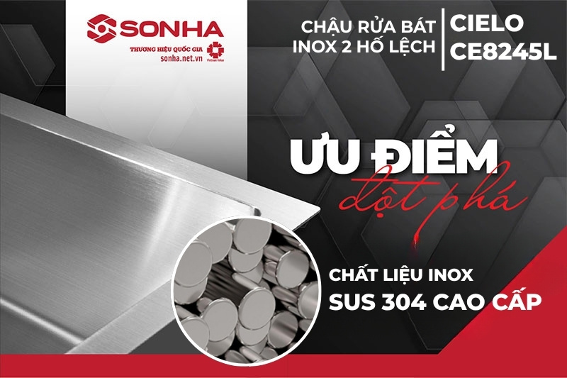 Chậu rửa bát Cielo CE8245L được sản xuất từ inox SUS304 cao cấp
