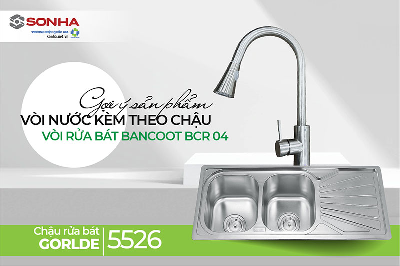 Mua bồn rửa chén inox 2 ngăn Gorlde GD-5526 và vòi rửa bát Bancoot BCR 04