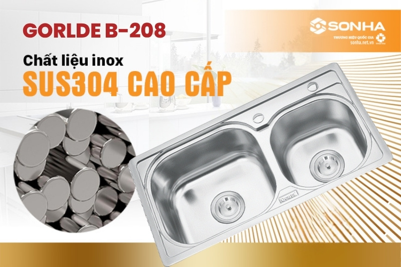 Chậu rửa bát Gorlde B-208 được sản xuất từ chất liệu inox SUS 304