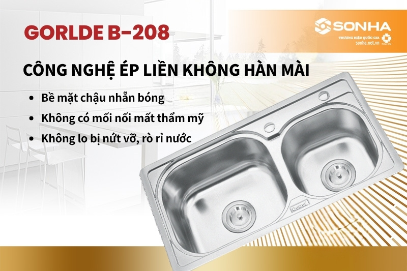 Chậu Gorlde B-208 được sản xuất theo công nghệ ép liền không hàn mài