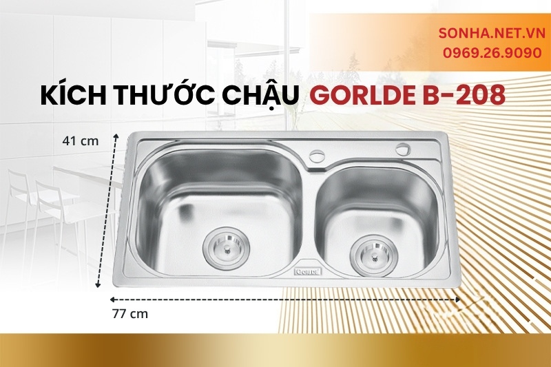 K&iacute;ch thước chậu rửa b&aacute;t 2 hố lệch Gorlde B-208