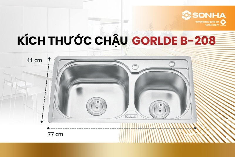 Kích thước chậu rửa bát 2 hố lệch Gorlde B-208