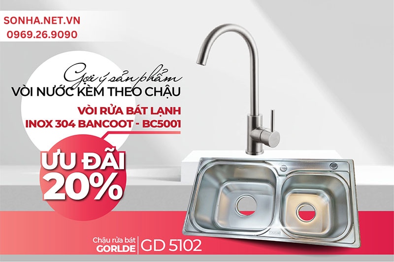 Chậu GD 5102 lắp cùng vòi BC 5001 phù hợp gia đình dùng 1 đường nước lạnh