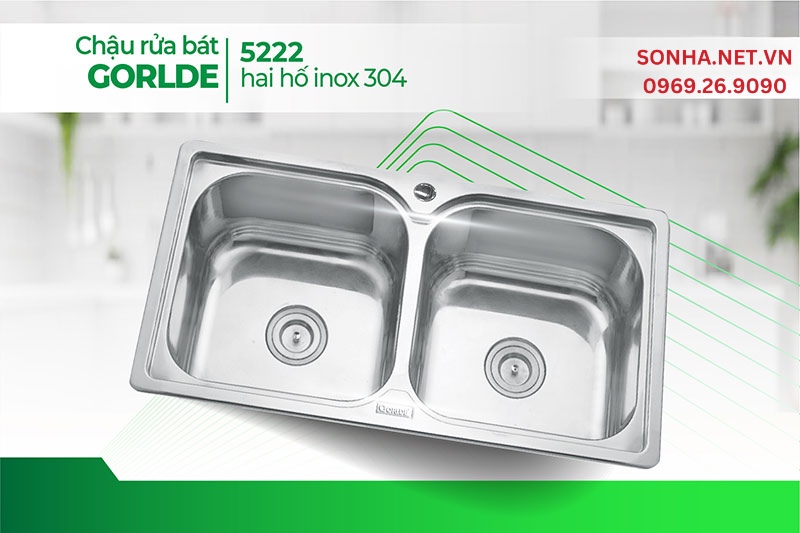 Chậu rửa b&aacute;t 2 hố Gorlde GD 5222 đơn giản, hiện đại, sang trọng
