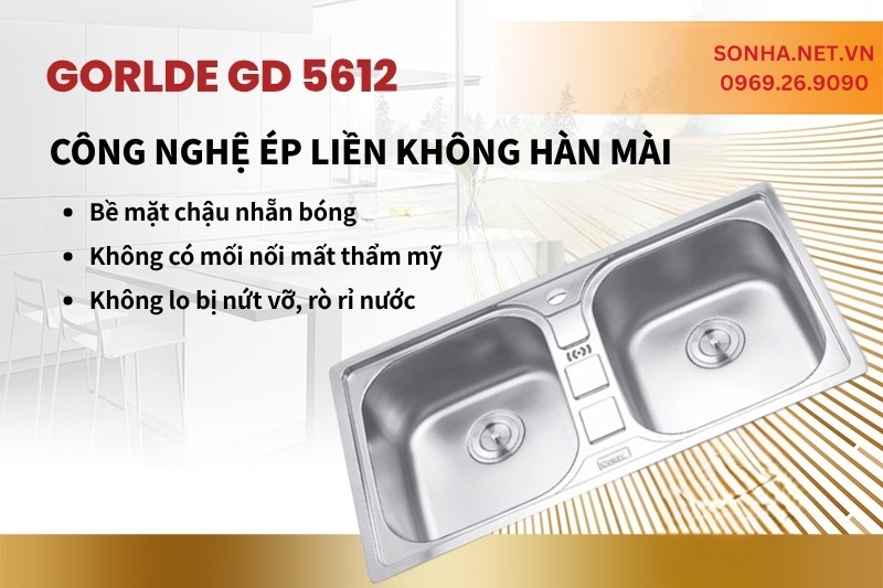 Chậu rửa b&aacute;t Gorlde GD-5612 được sản xuất theo c&ocirc;ng nghệ &eacute;p liền kh&ocirc;ng h&agrave;n m&agrave;i