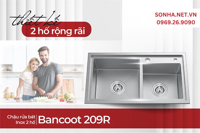 Chậu rửa b&aacute;t inox 304 Bancoot 209R thiết kế 2 hố rộng r&atilde;i
