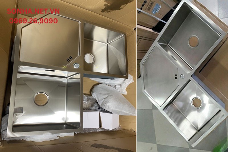 Hình ảnh thực tế chậu rửa bát inox 304 đặt góc Bancoot 1502R
