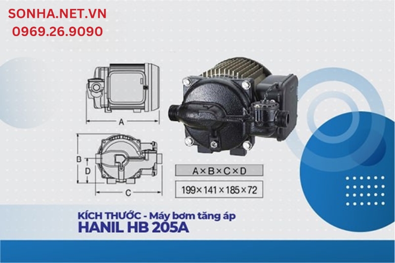 Kích thước máy bơm tăng áp điện tử Hanil HB 205A (280W) nhỏ gọn lắp đặt mọi không gian