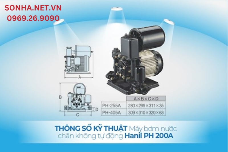Máy bơm nước chân không tự động Hanil PH 200A có kích thước nhỏ gọn, dễ dàng lắp đặt