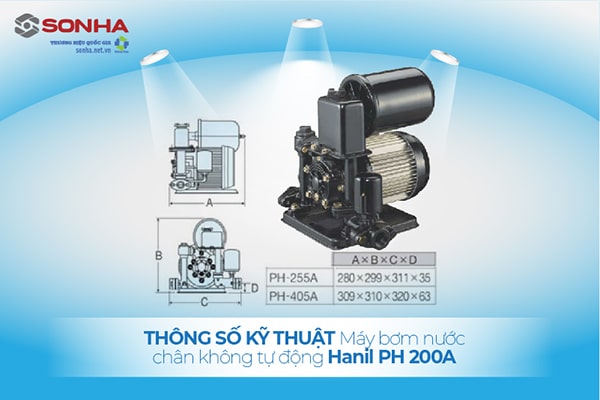 Kích thước máy bơm tăng áp Hanil 200W PH-200A