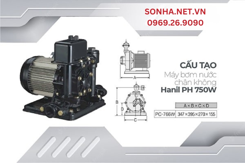 Cấu tạo và kích thước máy bơm chân không 750W Hanil