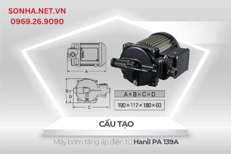 Cấu tạo v&agrave; k&iacute;ch thước m&aacute;y bơm tăng &aacute;p Hanil 139A