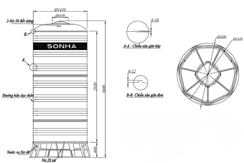 Th&ocirc;ng số k&iacute;ch thước bồn nước inox Sơn H&agrave; 5000l ngang (&Phi;1420)